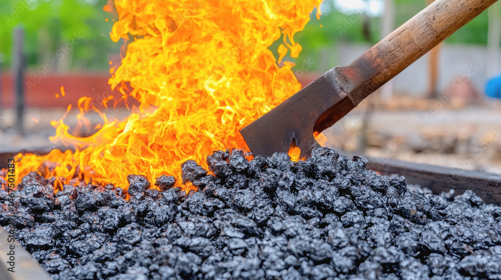 Poster intense process of creating fire using a large fire exor in a smelting operation for metal productio