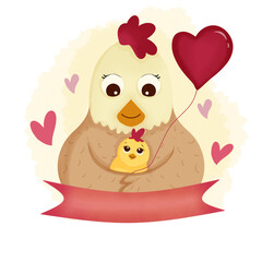 Mother Hugging Baby Chick Illustration 
