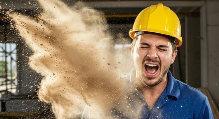 Construction worker hit by dust cloud. Safety measures are important to prevent workplace injuries and ensure worker well-being.