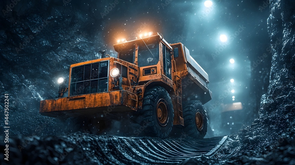 Poster a massive heavily built mining excavator navigating through a snowy dimly lit environment its powerf