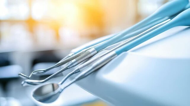 Dental tools are arranged neatly on a tray in a well-lit clinic, ready for patient treatment