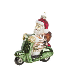 Santa riding a motorcycle hanging Christmas ornament cut out isolated transparent background