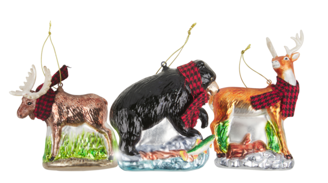 Set of hanging deer bears and Christmas decorations cut out isolated transparent background