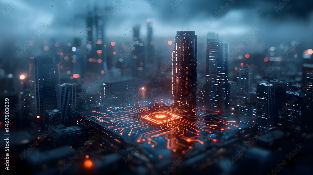 Poster a visually striking cityscape with a futuristic ai driven technological infrastructure featuring glo