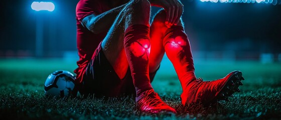 Injured player rests on field with soccer ball under bright stadium lights