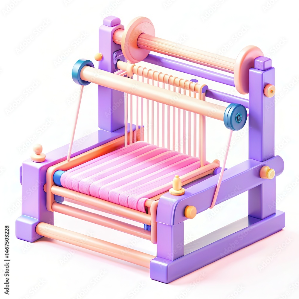 Poster a colorful and modern weaving machine with vibrant pink and purple colors and intricate patterns of 