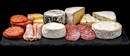 On a dark slate background with a border and space for copy, a selection of assorted cheese and meat appetizers is presented