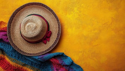 Woven straw hat and colorful blanket on a golden surface