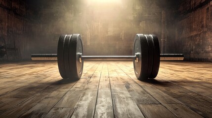 A barbell with two weights in a gym setting, illuminated by a spotlight, with a wooden floor and a concrete wall in the background.