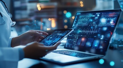 Doctor analyzing patient data on tablet and laptop in clinic