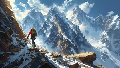Fearless climber reaching for the sky, epic journey through majestic snow-covered mountains