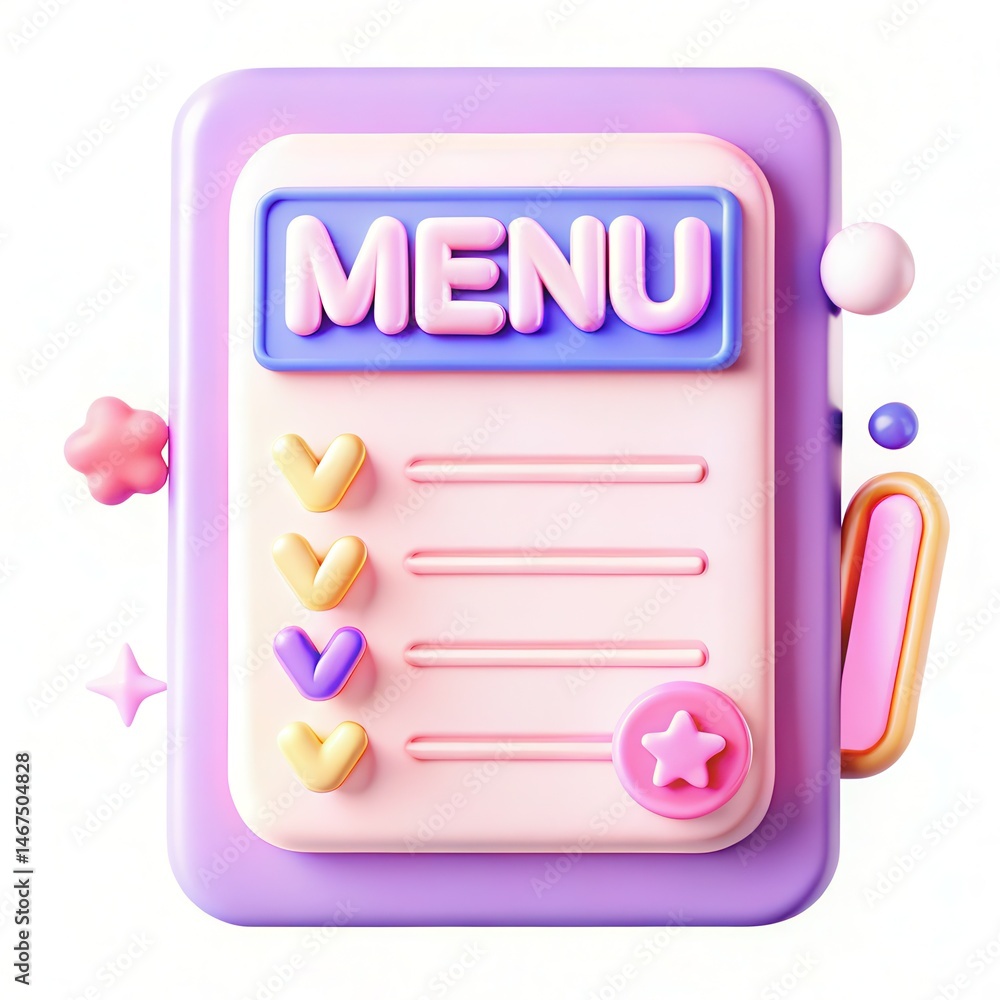 Poster a colorful 3d menu design featuring checkboxes and decorative shapes in a playful style.