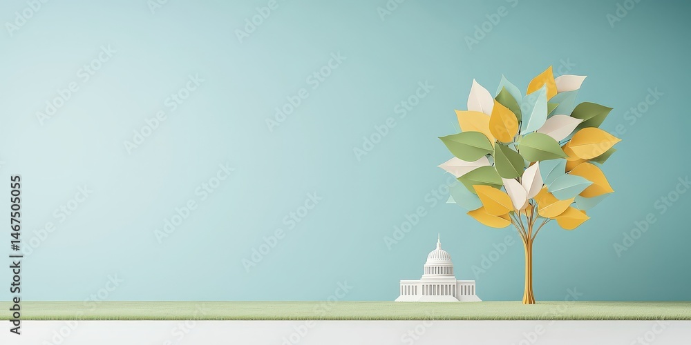 Poster climate change global warming policy concept. abstract representation of a tree beside a building on