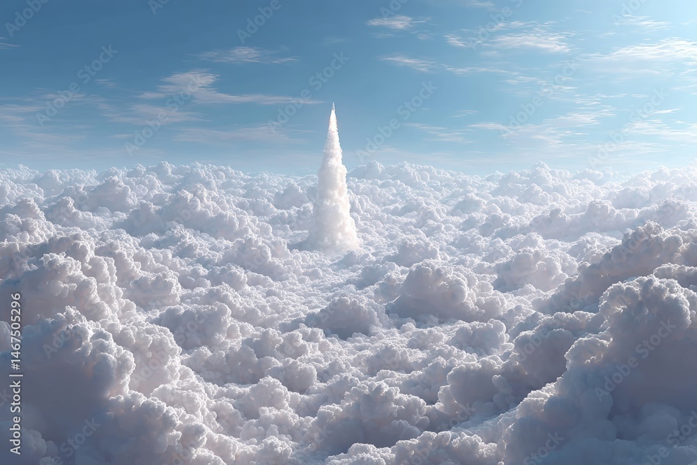 Poster a rocket-like structure rises through fluffy clouds.