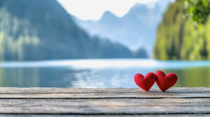 Fototapeta premium Two red hearts perfectly positioned on a wooden dock symbolizing destined love and romantic connection by the water