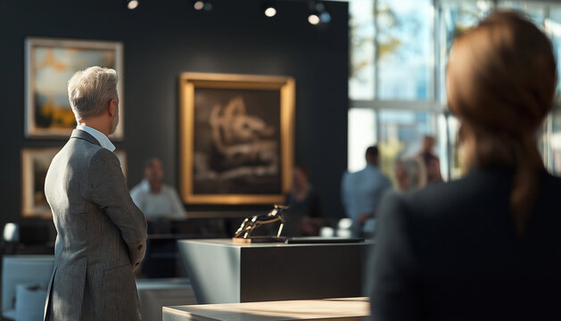 Elegant art auction room showcasing various artworks with undistinguished visitors in both the foreground and background.