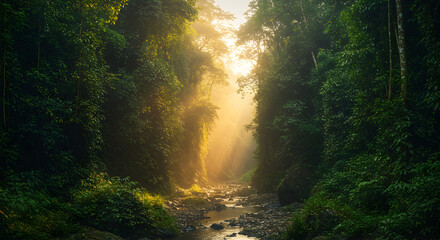 River Flowing Through Lush Green Forest with Sunlight