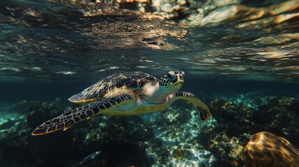 Obraz premium Sea turtle swimming gracefully in clear ocean waters