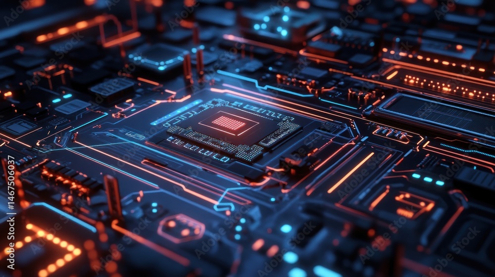 Poster close-up view of a futuristic microchip with glowing circuits