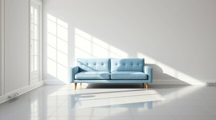 Sunlight bathes a blue sofa in empty room