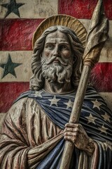 Naklejka premium Statue of Man Holding Staff with American Flag Background
