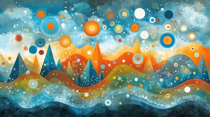 Abstract winter landscape in vibrant colors with snowfall and playful circles creating a whimsical joyful holiday season feeling