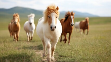 Obraz premium Rewilding nature concept. Five horses run freely across a grassy plain with hills in the background.