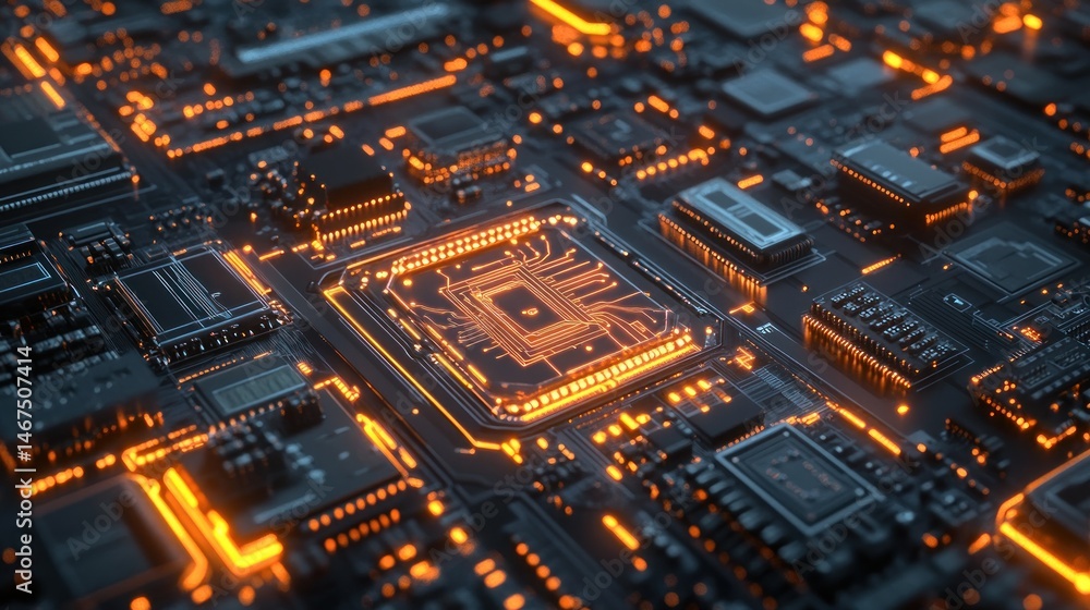 Poster detailed view of a glowing circuit board with intricate patterns