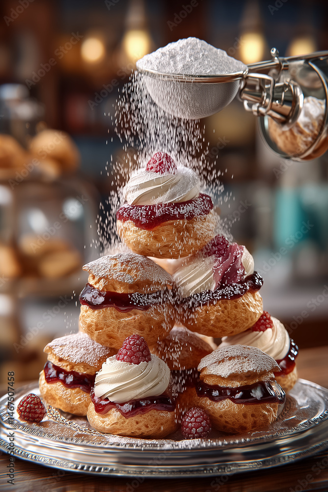 Poster powder sugar cascades in slow motion onto a tall stack of profiteroles featuring cream and raspberry