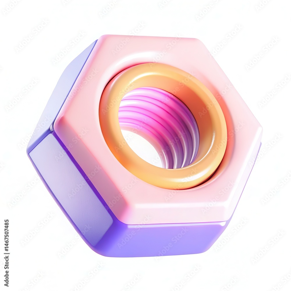 Poster a colorful modern hexagonal nut with a sleek design in pastel shades, showcasing smooth textures and