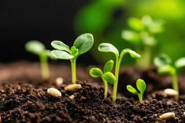 Fototapeta premium Rewilding nature concept. Young green seedlings sprouting from rich soil with seeds visible, symbolizing growth and new beginnings in nature.