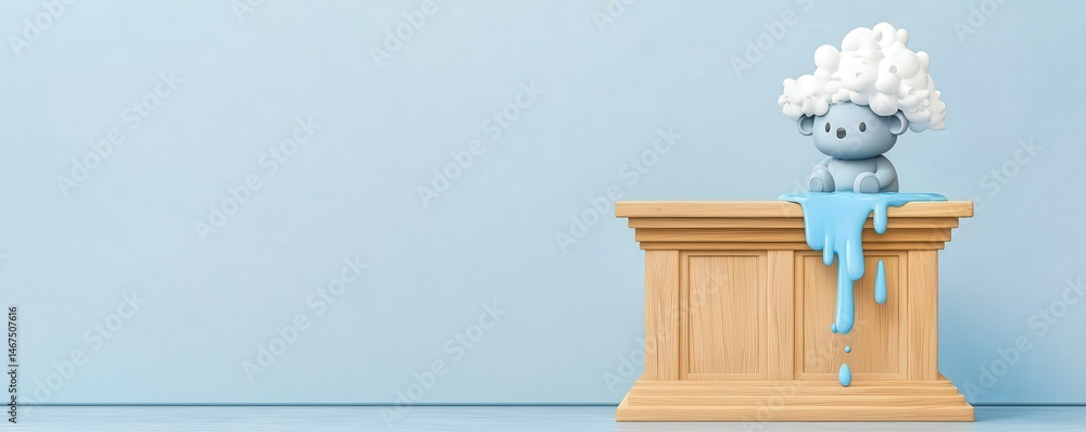 Poster climate change global warming policy concept. playful character with clouds on a pedestal in a minim