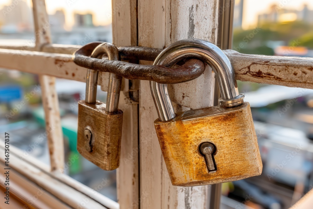 Poster two padlocks secured on a window latch in soft evening light.