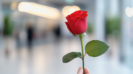 Person graciously holding a single red rose symbolizing love and passion in an intimate gesture