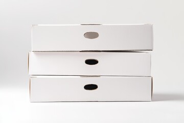 Three white pizza boxes stacked vertically on a white surface.  Each box features a small oval hole for easy opening