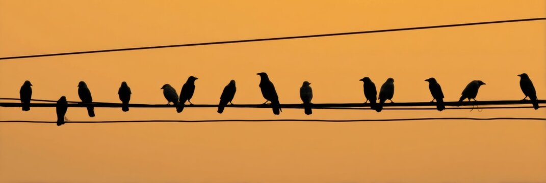 Crows Perched on Telephone Wire Against a Vibrant Amber Sky at Dusk, Creating a Striking Silhouette Generative AI