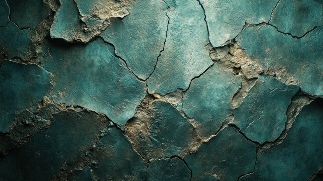 Cracked, textured surface with a teal hue.  The teal color has variations in tone, creating depth and visual interest