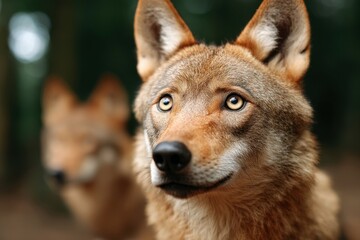 Fototapeta premium Rewilding nature concept. Close-up of a wolf with striking eyes, another wolf blurred in the background, set in a natural forest environment.