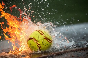 Close up softball with fire flames water splash. Sport equipment in power explosion. Energetic action, game moment. Yellow ball with red stitching in storm - generated by ai