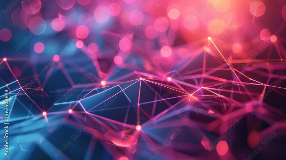 Poster abstract network of glowing lines and dots with bokeh effect. digital artwork of vibrant color of gl