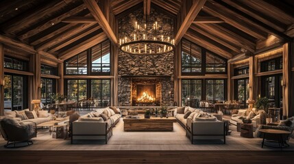 Fototapeta premium Luxurious log cabin great room, interior design, fireplace, windows