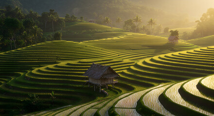 Rice Terraces with Hut at Sunrise Asian Agriculture Landscape