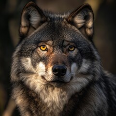 A highly detailed closeup of a Gray Wolf its thick fur and piercing golden eyes reflecting the wild spirit of the forest 