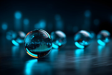 Floating KPI orbs showing profitability, retention, and growth metrics, controlled by AI algorithms, blue neon futuristic data universe