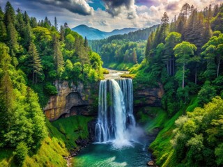 Fototapeta premium Majestic Mountain Waterfall, Vintage Photography, Lush Forest, Nature Scenery, Waterfall Landscape, Beautiful Waterfall, High Resolution