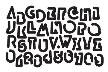 A set of outline letters with a simple, thick, geometric shape. Black and white font with a sporty, dynamic, modern theme. Latin alphabet letters and numbers. No AI used