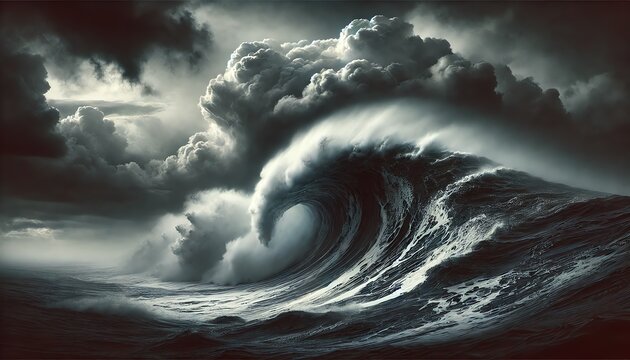 A large ocean wave crashing with immense force under a stormy sky