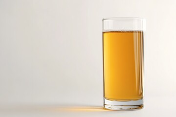 A tall glass of freshly pressed apple juice with a golden hue, sitting on a smooth white background