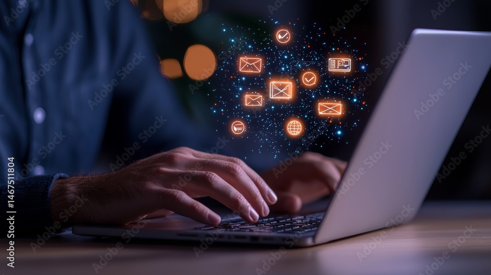 Poster close-up of hands typing on a laptop with floating digital communication icons in a modern workspace