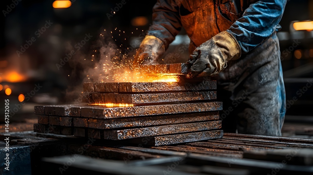 Poster a worker in protective gear using a tool to cast molten steel into rectangular blocks with glowing o
